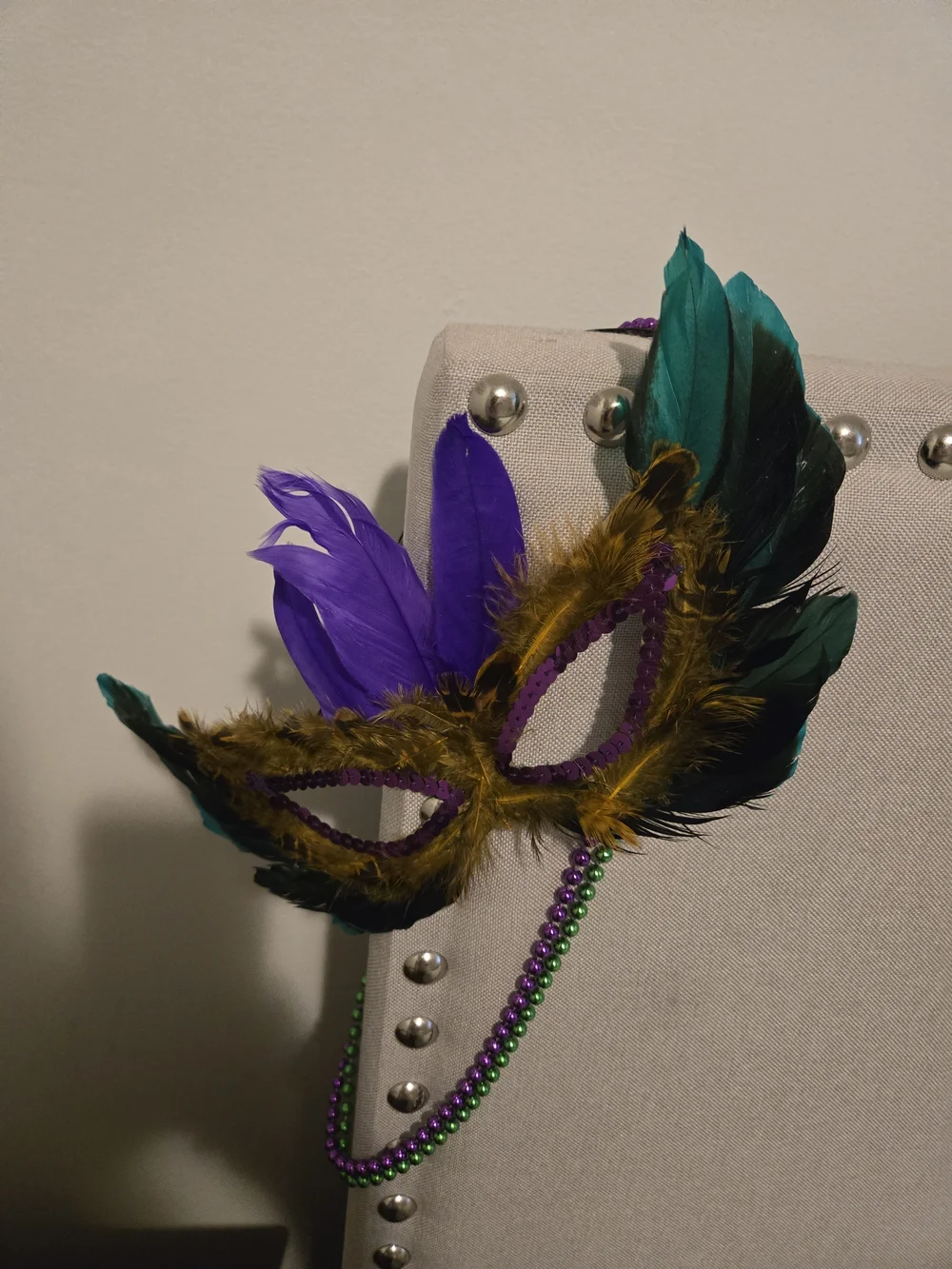 Feather Mardi Gras Mask & 2 Necklaces - Purple & Green